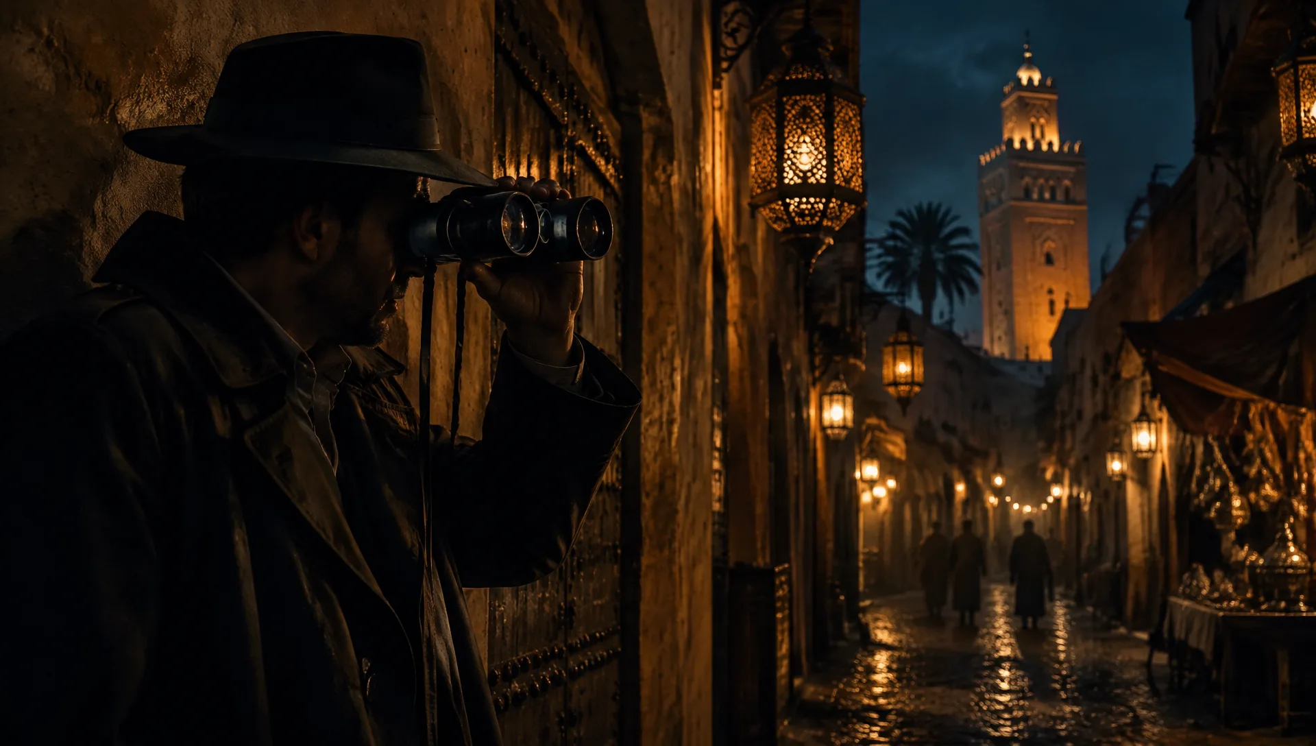 Détective privé observant la médina de Marrakech de nuit avec des jumelles