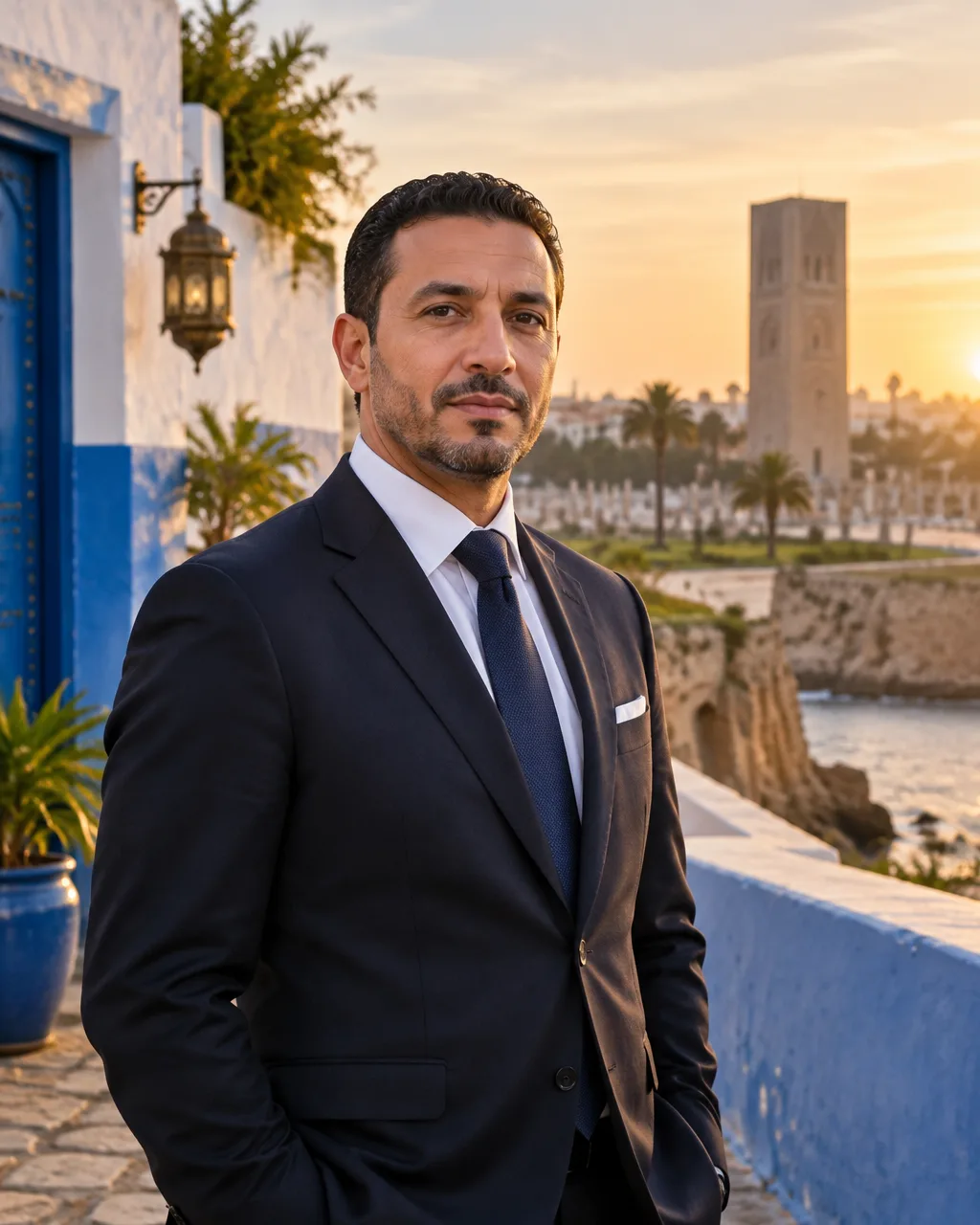 Portrait professionnel du détective privé, en costume sombre, à Rabat avec la Kasbah des Oudayas et la tour Hassan en arrière-plan