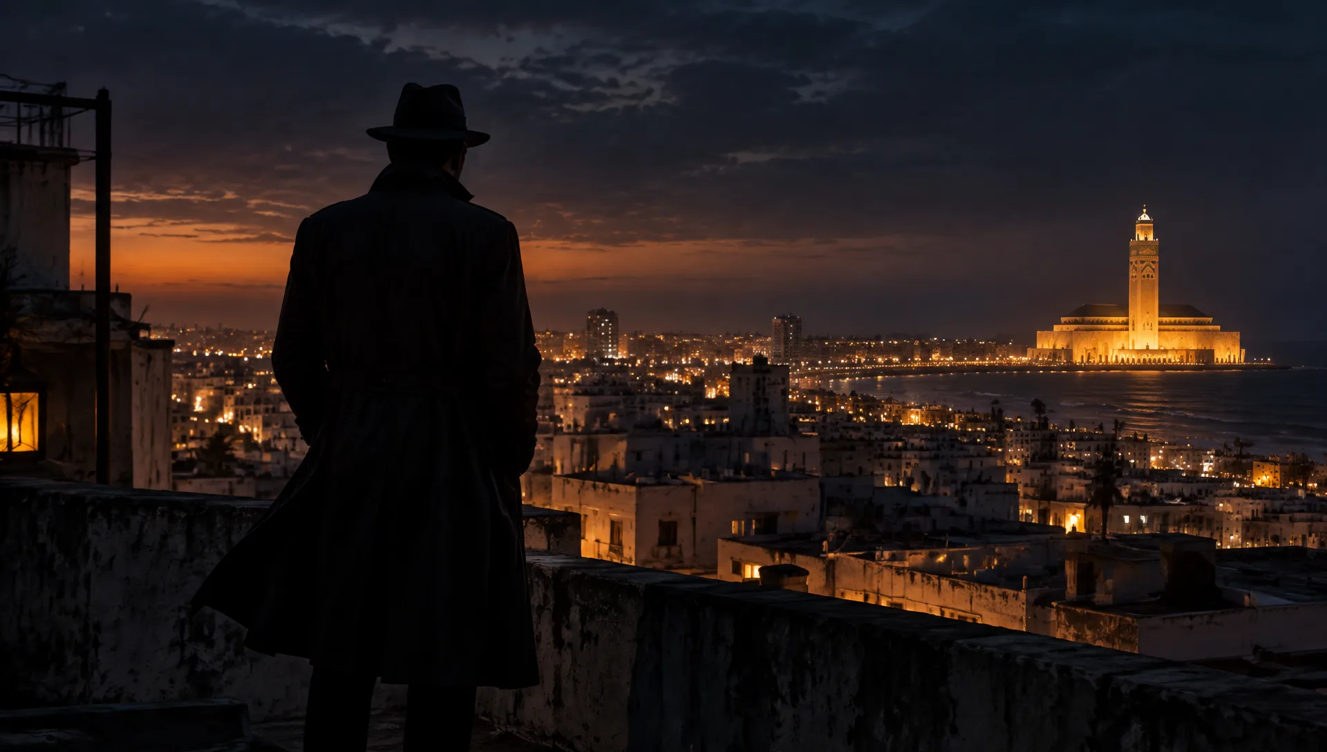 Détective privé de dos en silhouette avec un imperméable et un chapeau, dominant Casablanca au crépuscule avec la mosquée Hassan II illuminée
